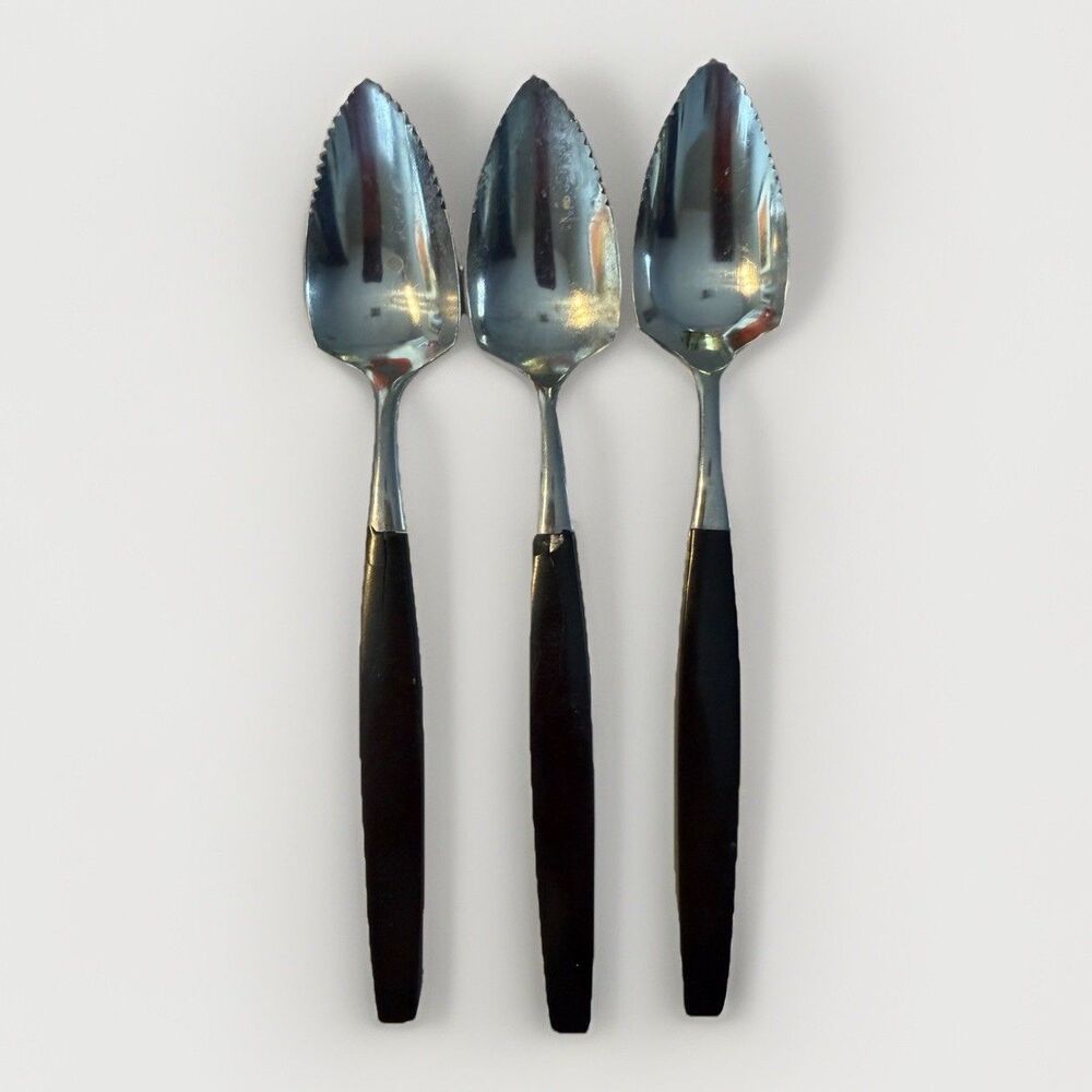 Vintage Retro Black Handle Serrated Grapefruit Spoons Japan‎ Stainless Set of 3